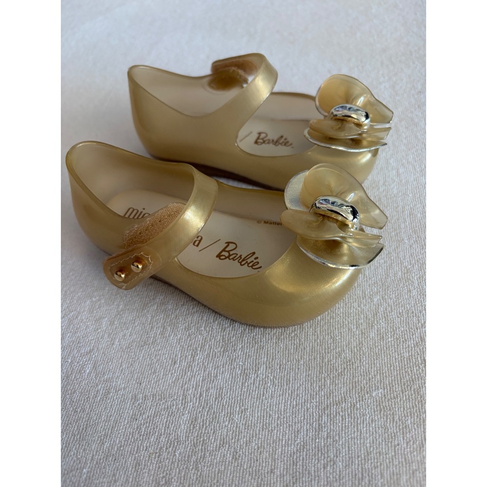 Mini Melissa x Barbie Ultragirl Mary Jane flats Gold glitter size toddler 5